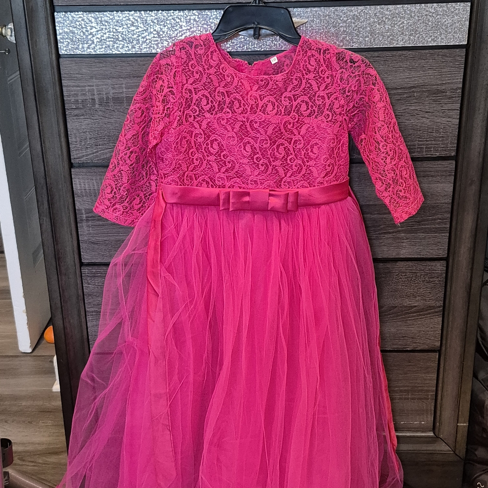 Girls Hot Pink Lace & Tulle Party Dress with Bow